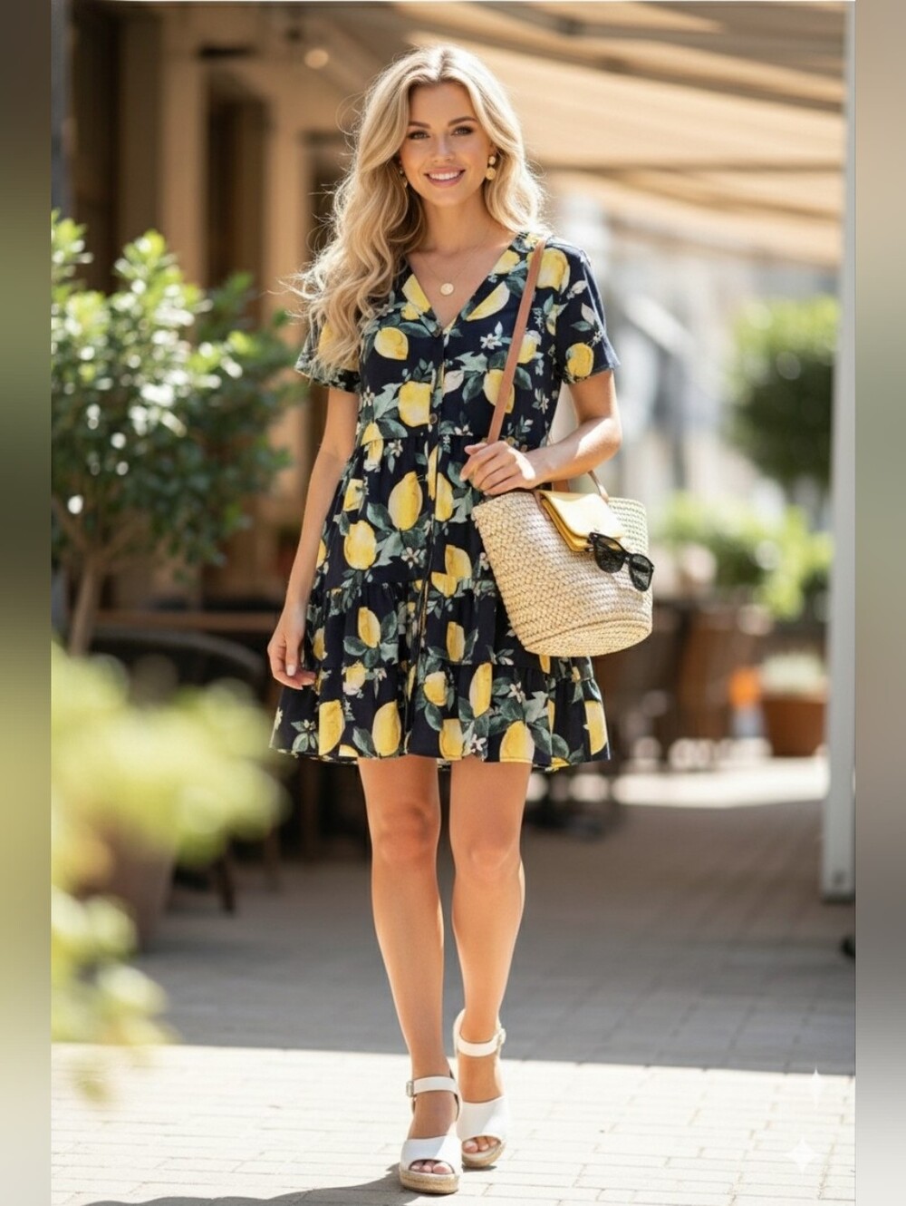 Women's Navy Lemon Print V-Neck Summer Dress